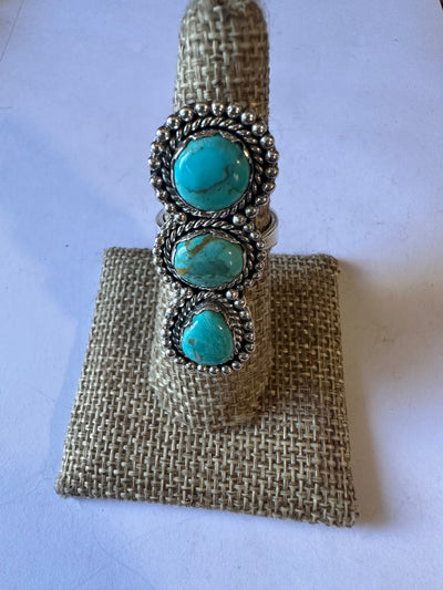 3 Stone Beautiful Handmade Turquoise And Sterling Silver Adjustable Ring