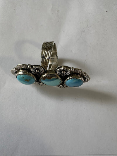 3 Stone Beautiful Handmade Golden Hills Turquoise And Sterling Silver Adjustable Ring